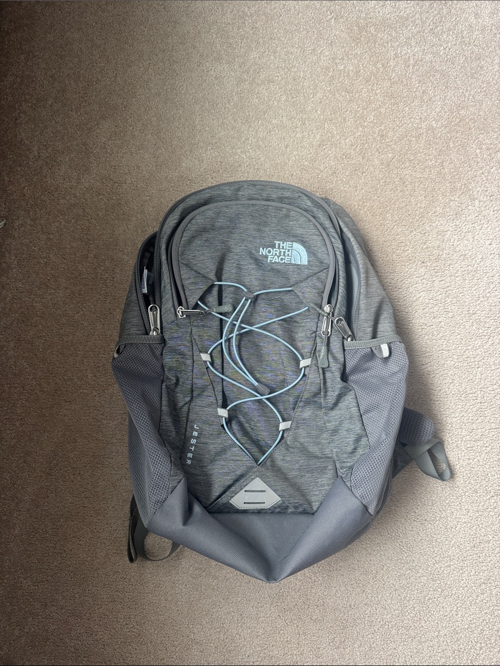 The North Face Gray Backpack with Light Blue Bungee